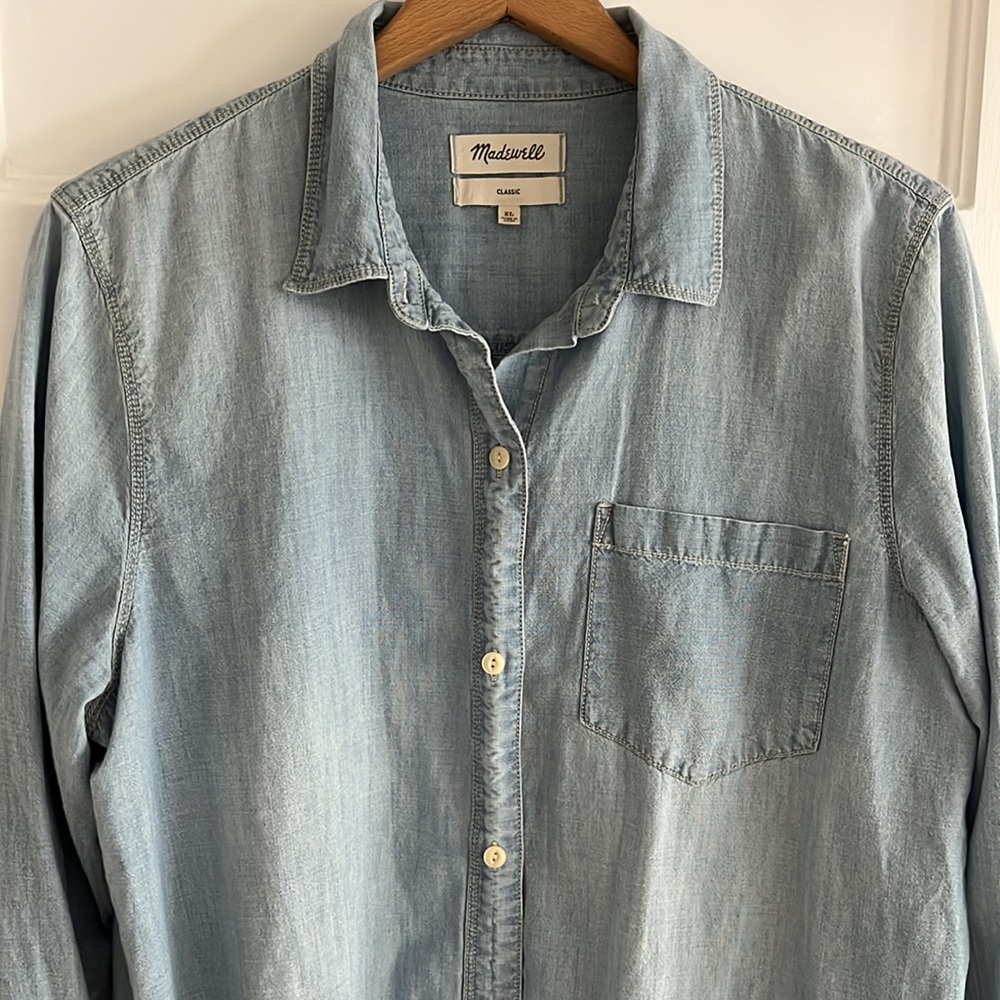 Madewell Blue Fitted 3/4 Sleeve Button Down Shirt - Picture 7 of 14